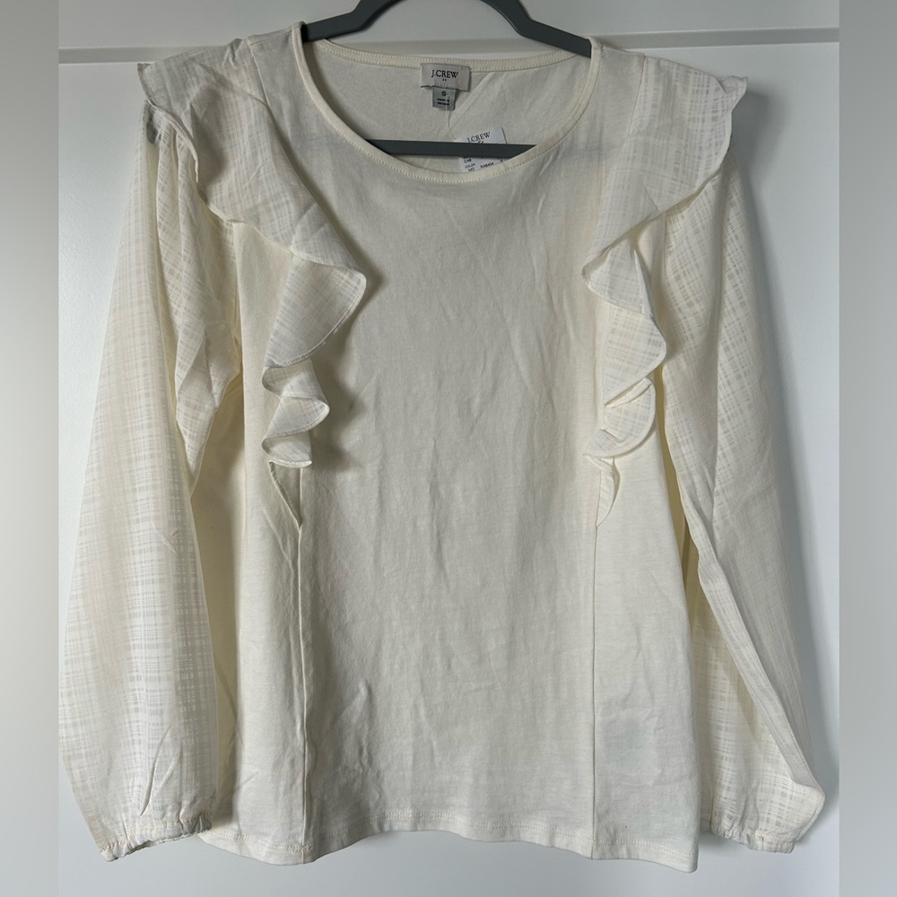 NWT J.Crew Factory Ruffle-Shoulder Top with Plaid Jacquard Sleeves Cream Size S